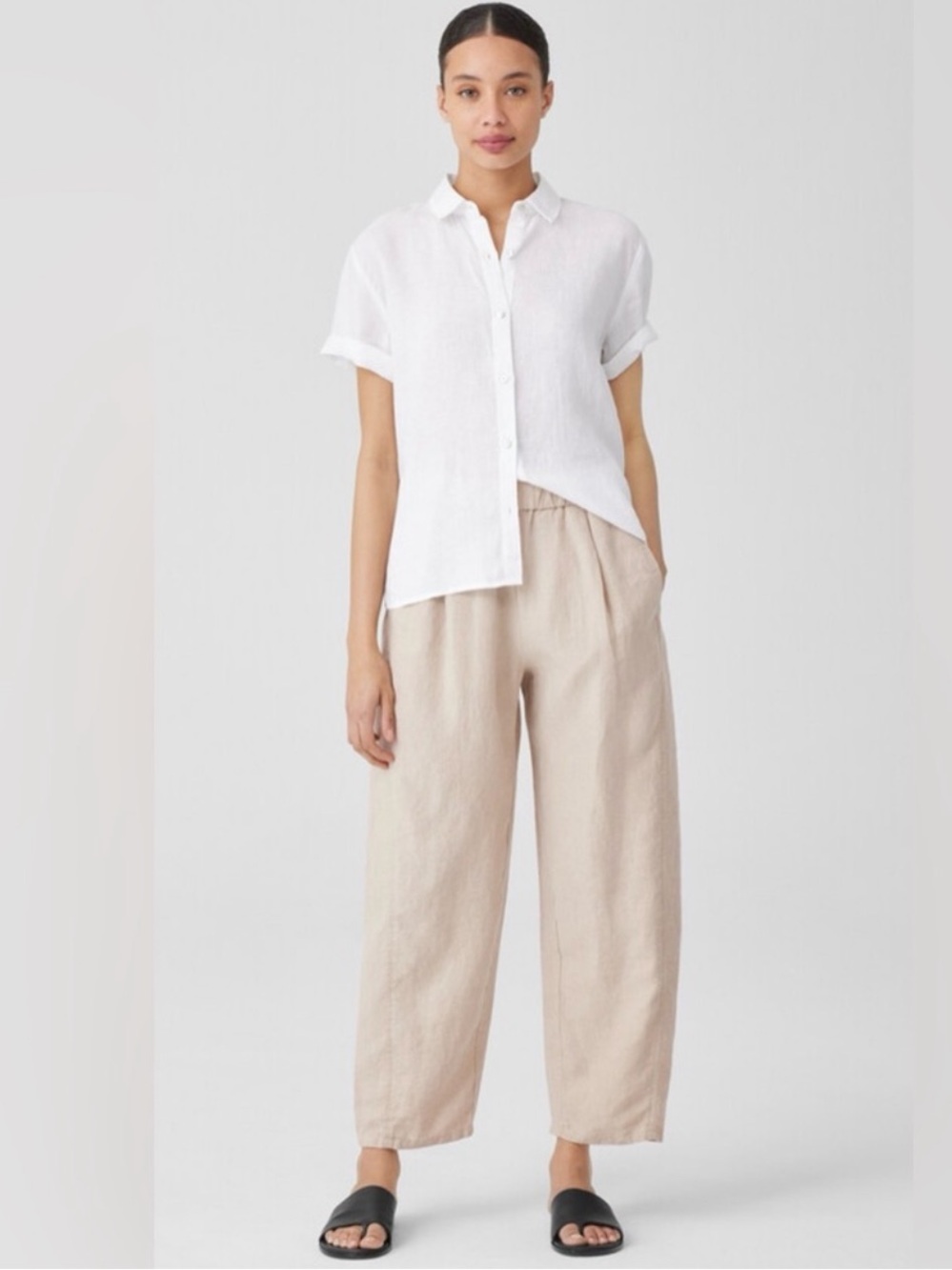 Eileen Fisher | Organic Linen Natural Beige Elastic Waist Pull On Pants